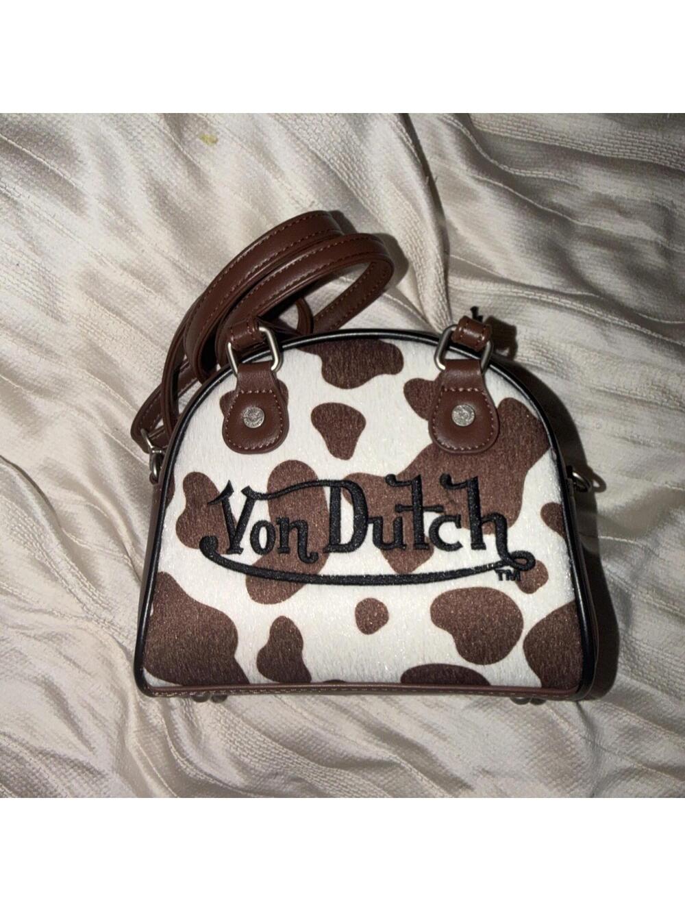 Von Dutch Women's Cow Print Brown and White Bowling Ball Crossbody Bag
